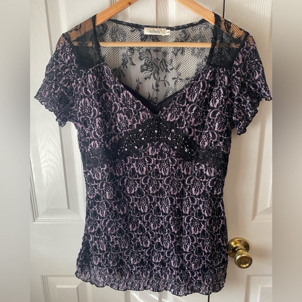 VINTAGE 1990’s Y2K RICKI’S Black‎ Pink Stretch Lace Floral Short Sleeve Top M